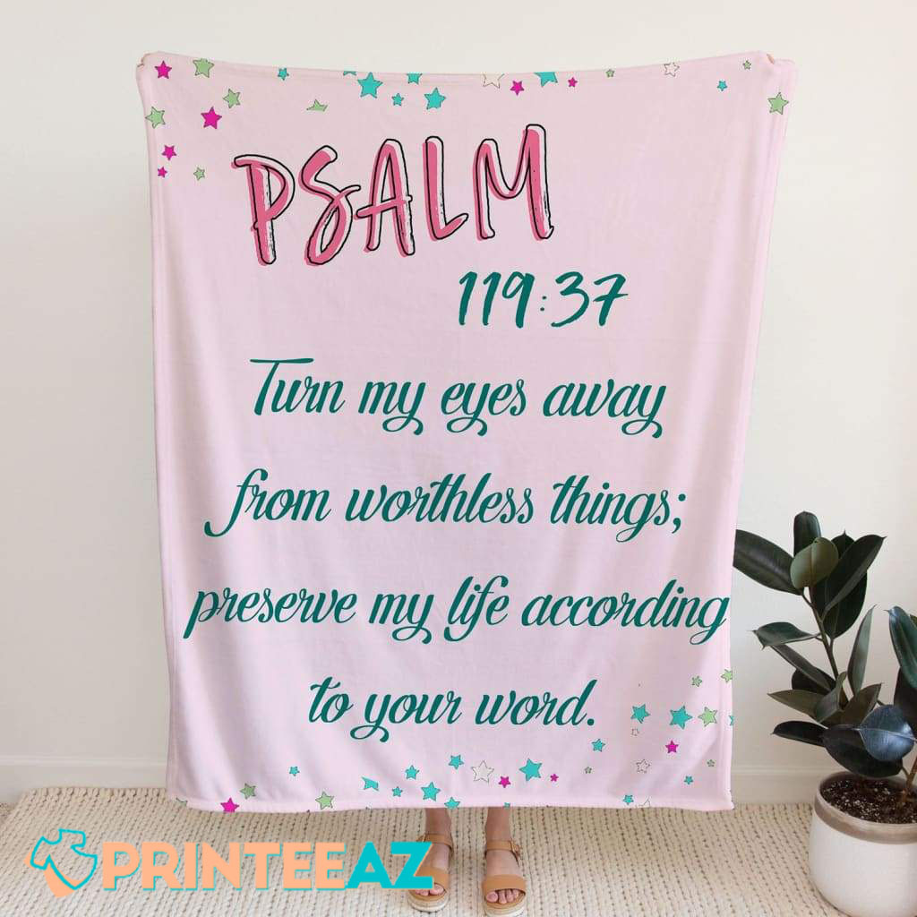 Psalm 119-37 Turn My Eyes Away From Worthless Things Bible Verse Fleece Throw Quilt Blanket With Stars, Red And Green Text - PrinteeAZ