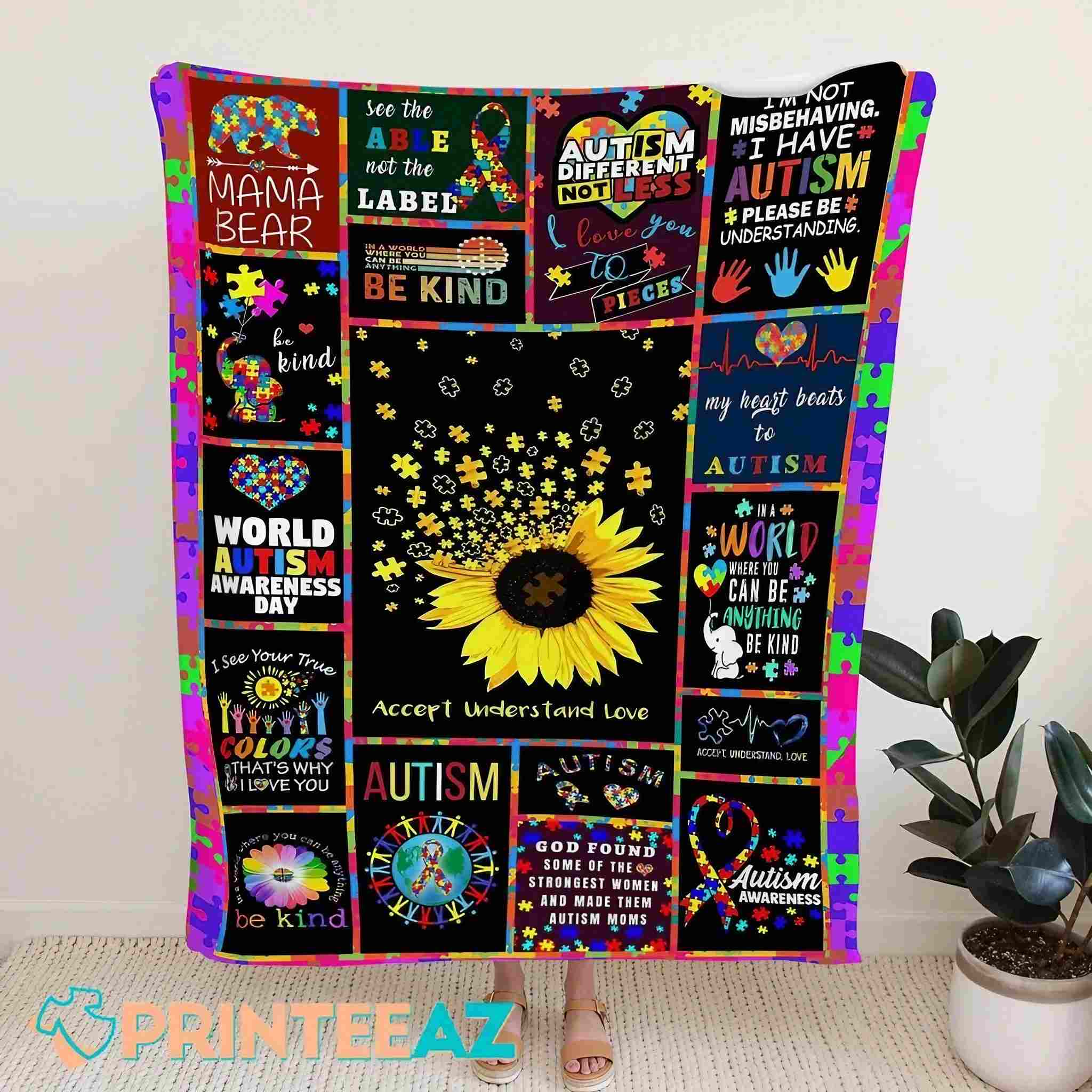 Puzzles Accept Understand Love Autism Awareness Fleece Throw Quilt Blanket With Flowers - PrinteeAZ