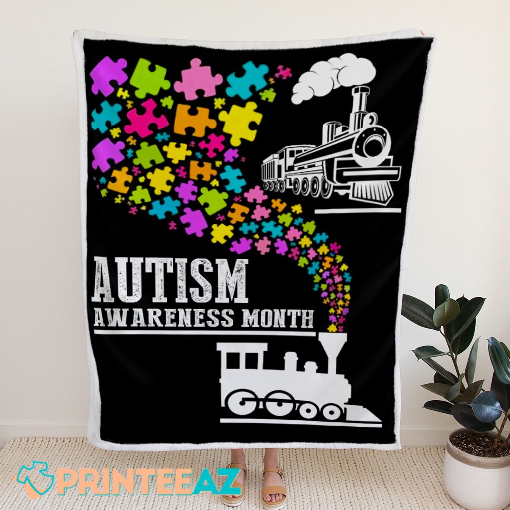 Puzzles Train Autism Awareness Fleece Throw Quilt Blanket With White Text - PrinteeAZ