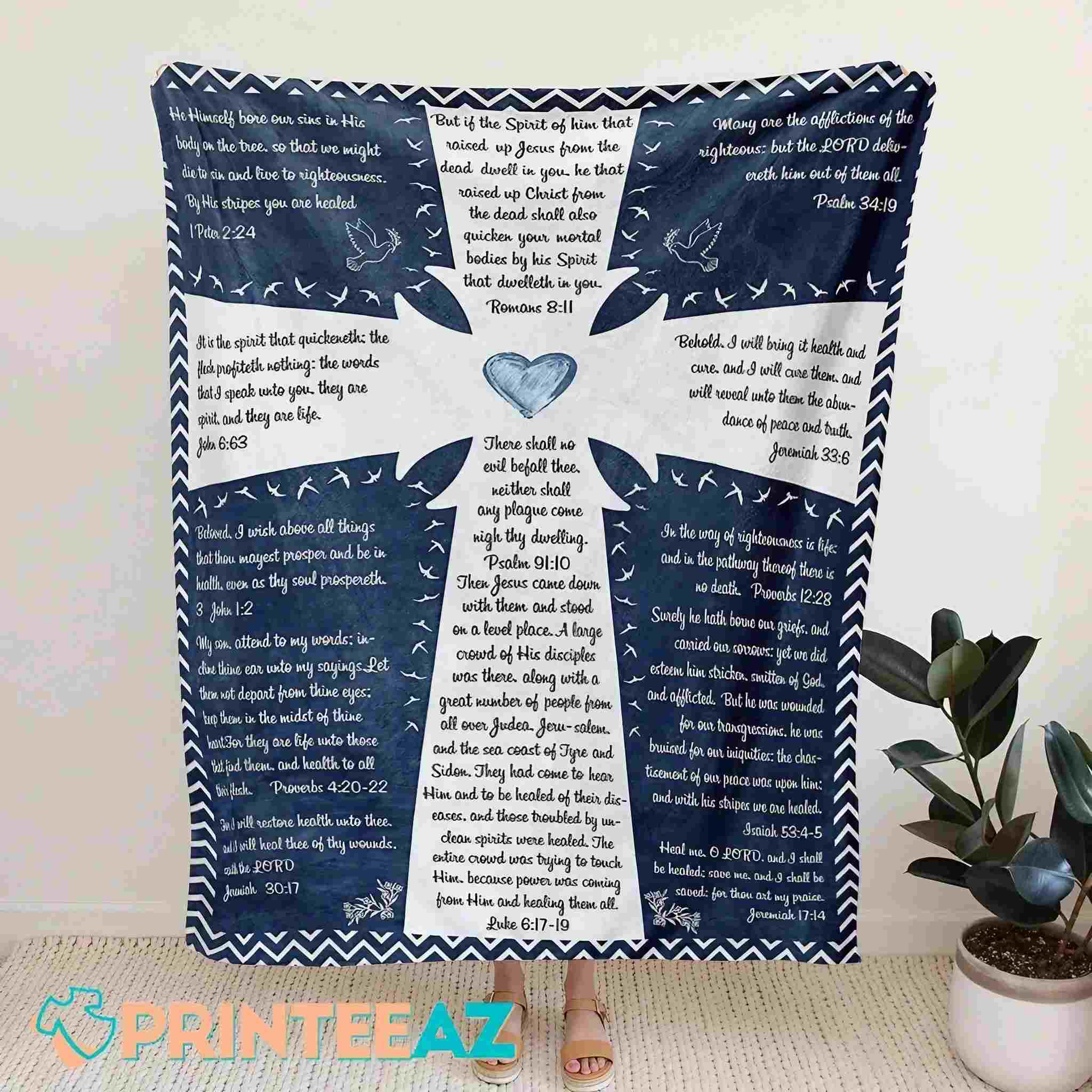 Religious Christian Fleece Throw Quilt Blanket, Blue With White Cross - PrinteeAZ