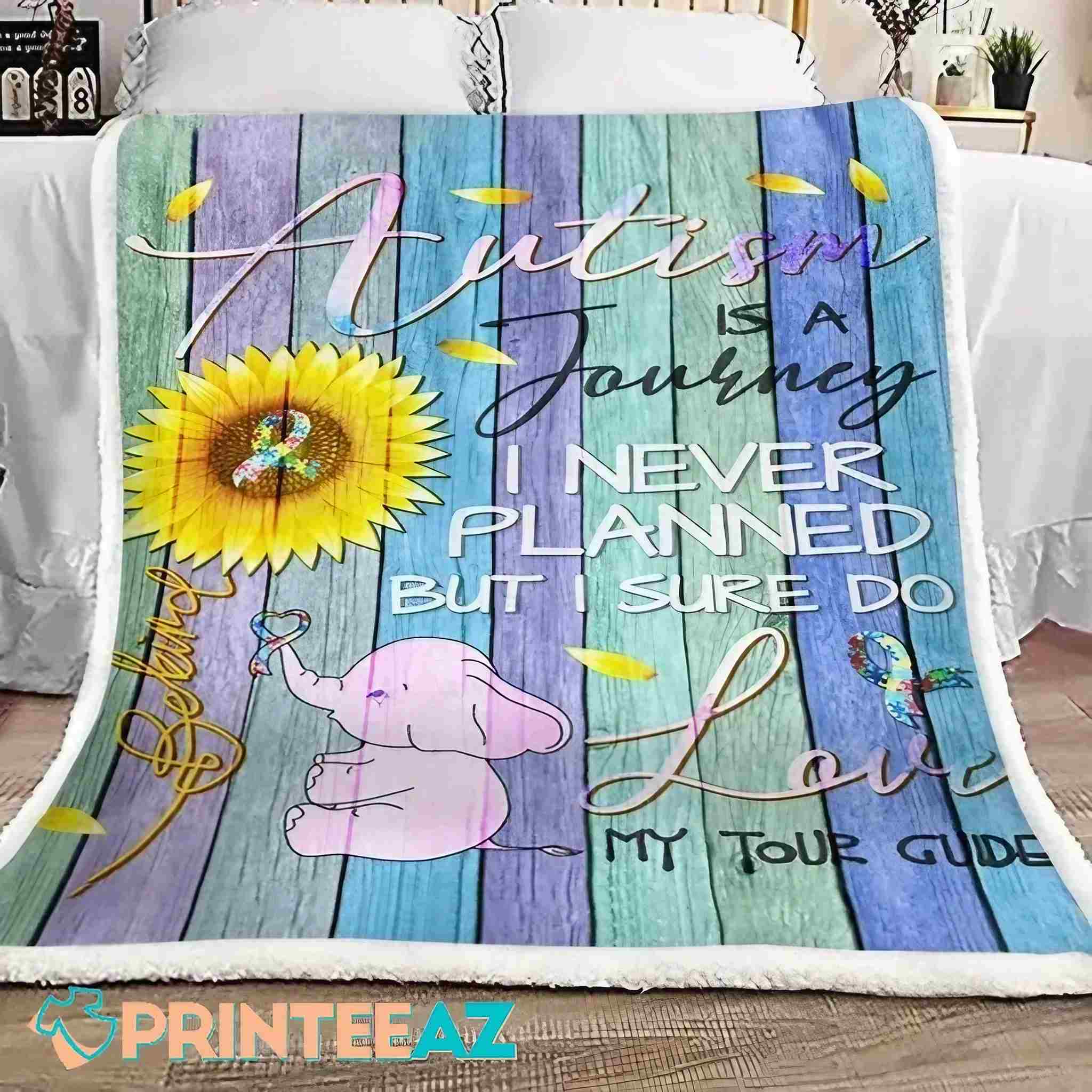 Sunflower Autism Is A Journey Awareness Fleece Throw Quilt Blanket With Elephant - PrinteeAZ