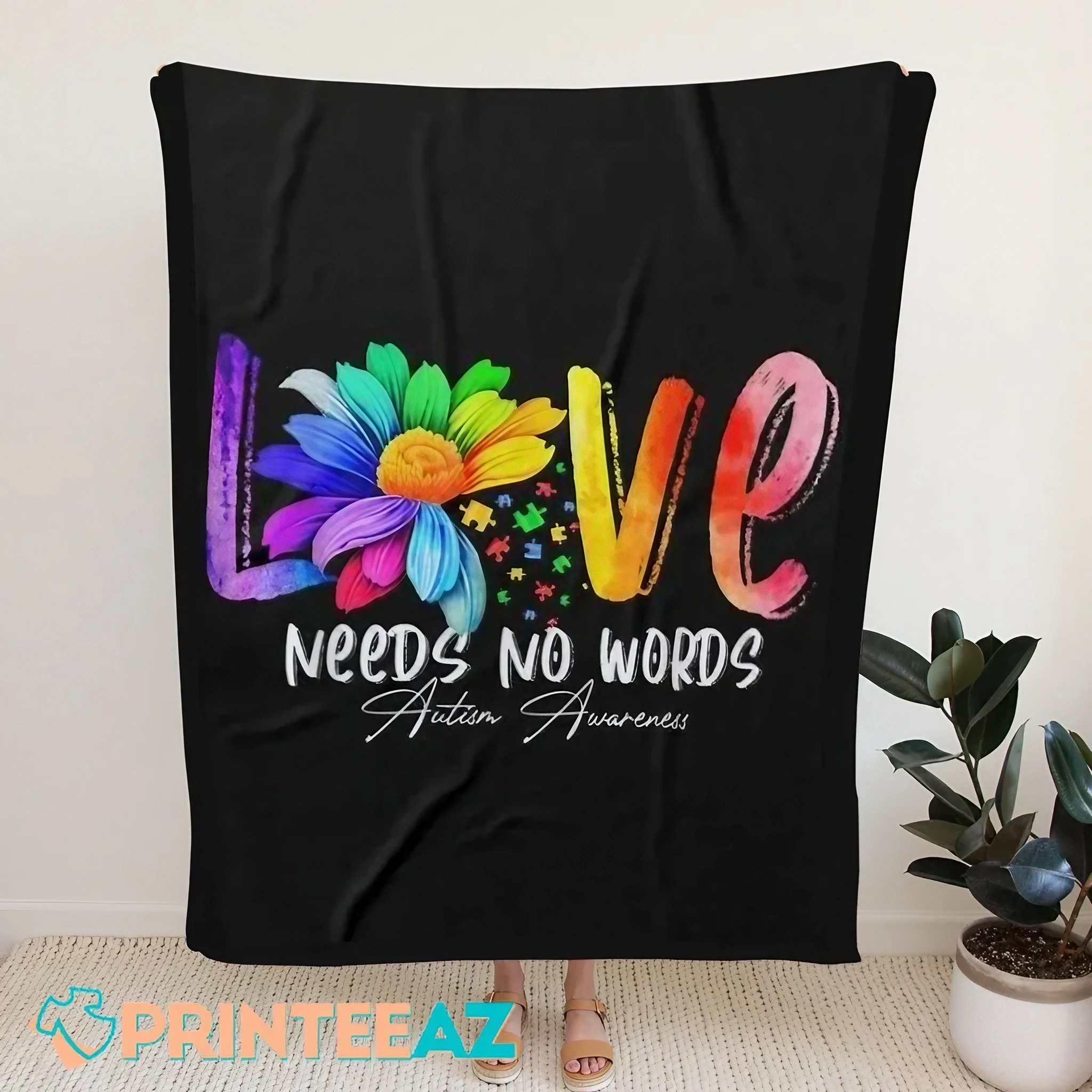 Sunflower Love Needs No Words Autism Awareness Fleece Throw Quilt Blanket With Puzzles - PrinteeAZ