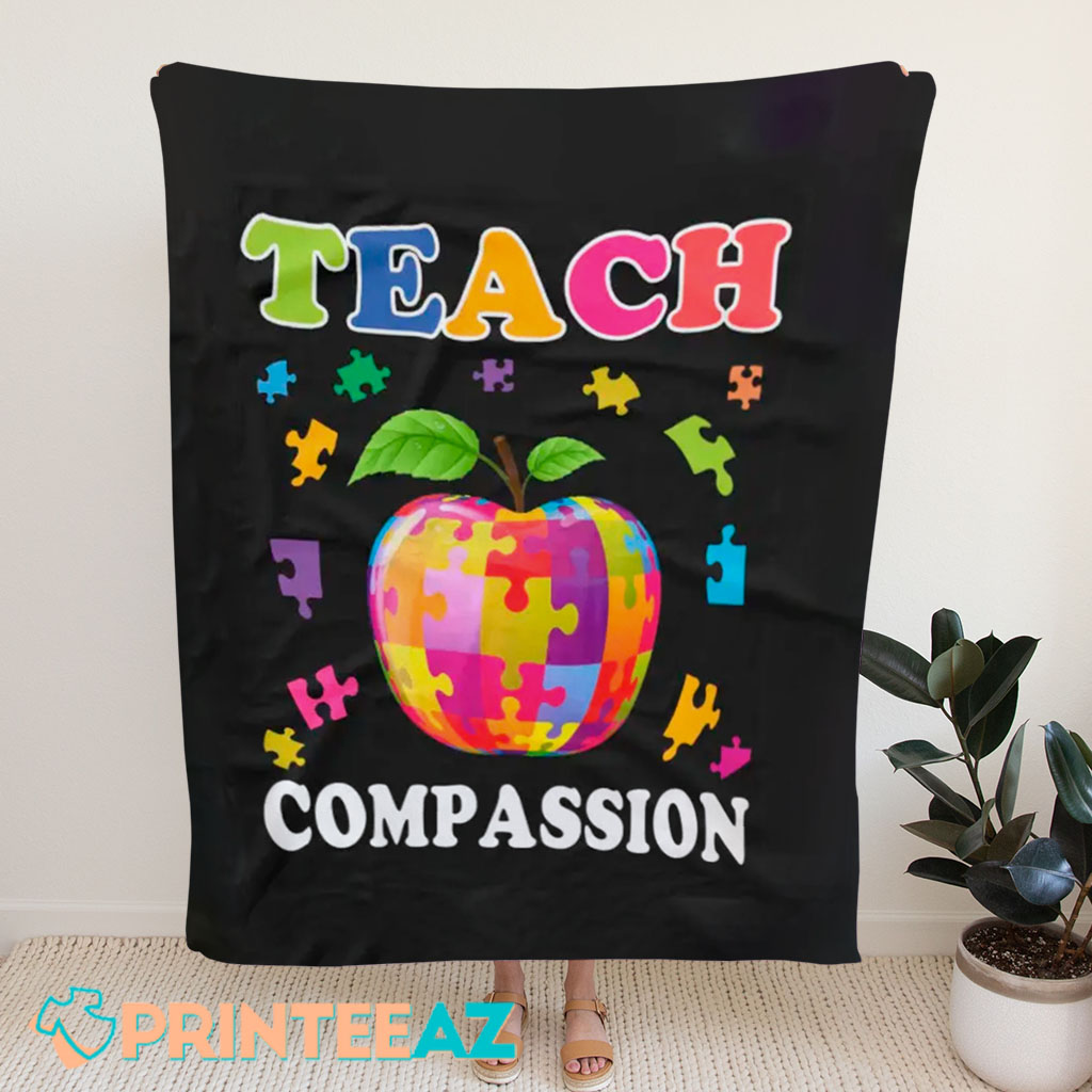 Teach Compassion Autism Awareness Fleece Throw Quilt Blanket With Apple - PrinteeAZ