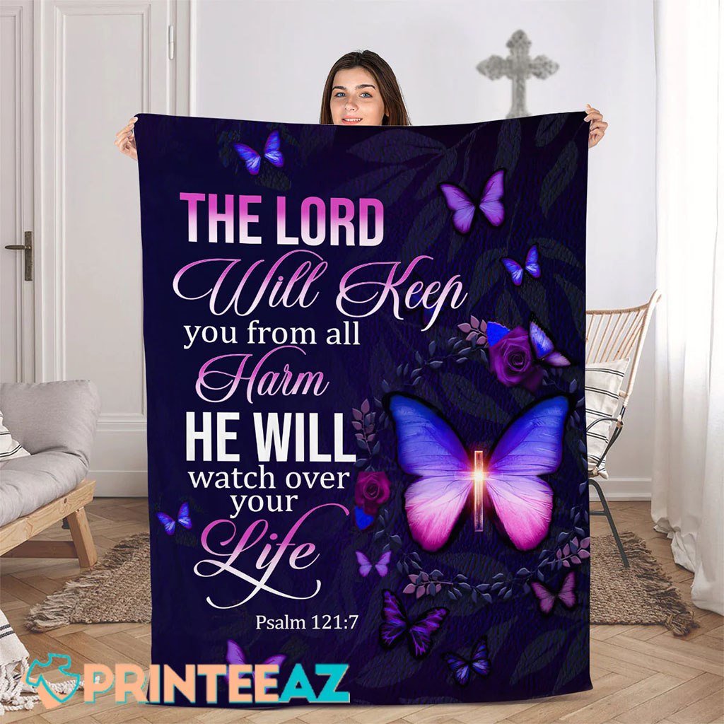 The Lord Will Keep You From All Harm Psalm 1217 Bible Verse Fleece Throw Quilt Blanket With Purple Butterfly And Cross - PrinteeAZ