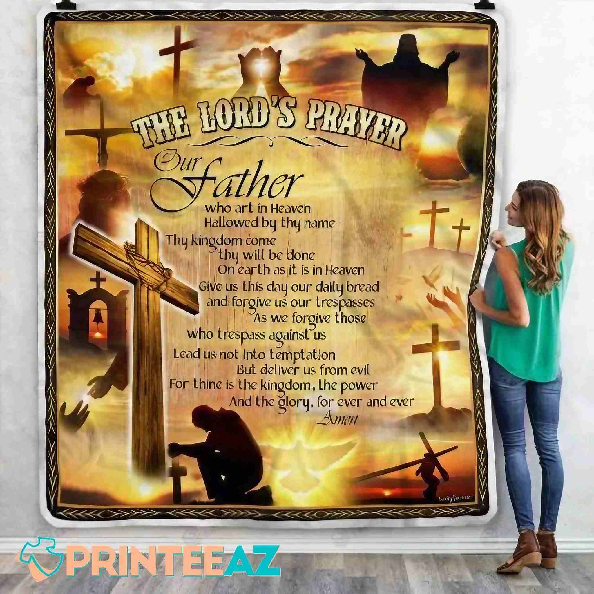 The Lord_s Prayer Fleece Throw Quilt Blanket With Cross - PrinteeAZ