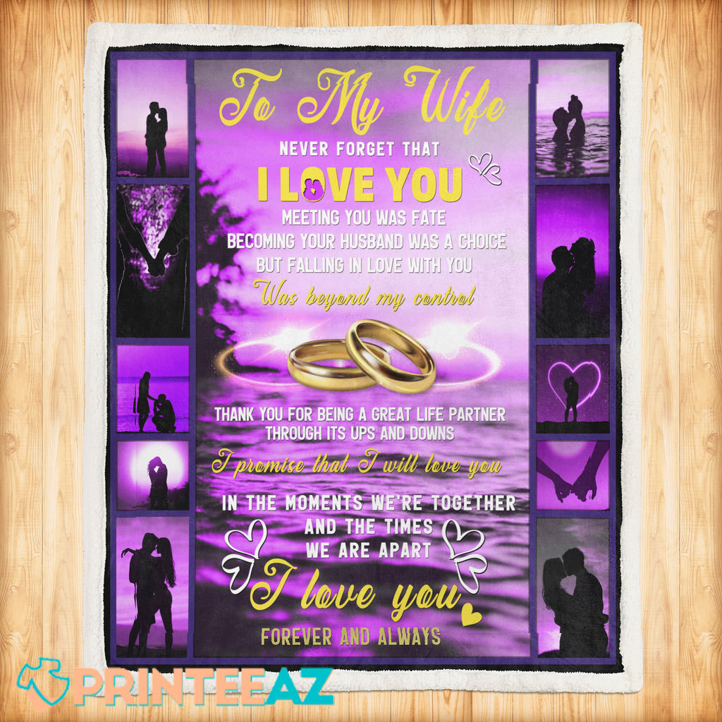 To My Wife Couple Kissing Rings Valentines Fleece Throw Quilt Blanket Purple With Hearts, Yellow Text, Rings - PrinteeAZ