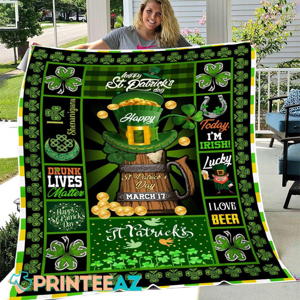 Today I_m Irish St Patrick_s Day Fleece Throw Quilt Blanket Green And Black With Shamrocks And Leprechauns - PrinteeAZ