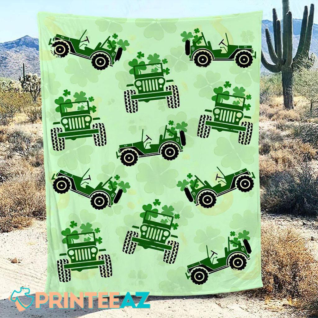 Truck And Shamrock St Patrick_s Day Fleece Throw Quilt Blanket With Green - PrinteeAZ