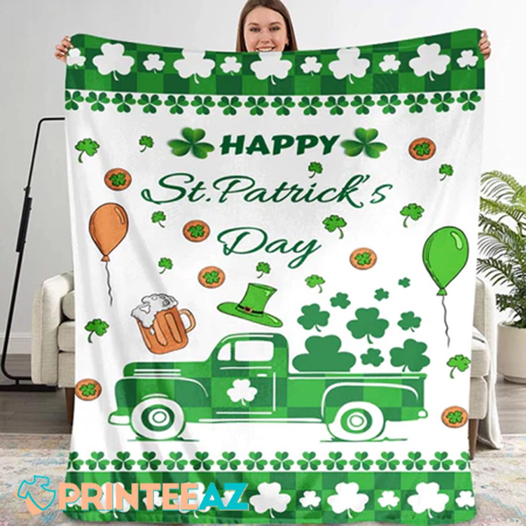 Truck St Patrick_s Day Fleece Throw Quilt Blanket White With Beer, Balloons And Shamrocks - PrinteeAZ