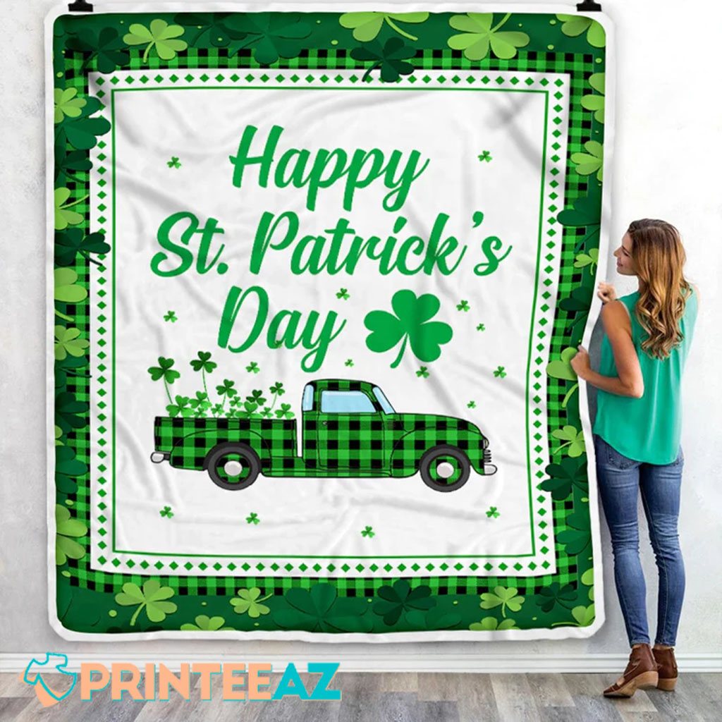 Truck With Green Shamrock St Patrick_s Day Fleece Throw Quilt Blanket - PrinteeAZ