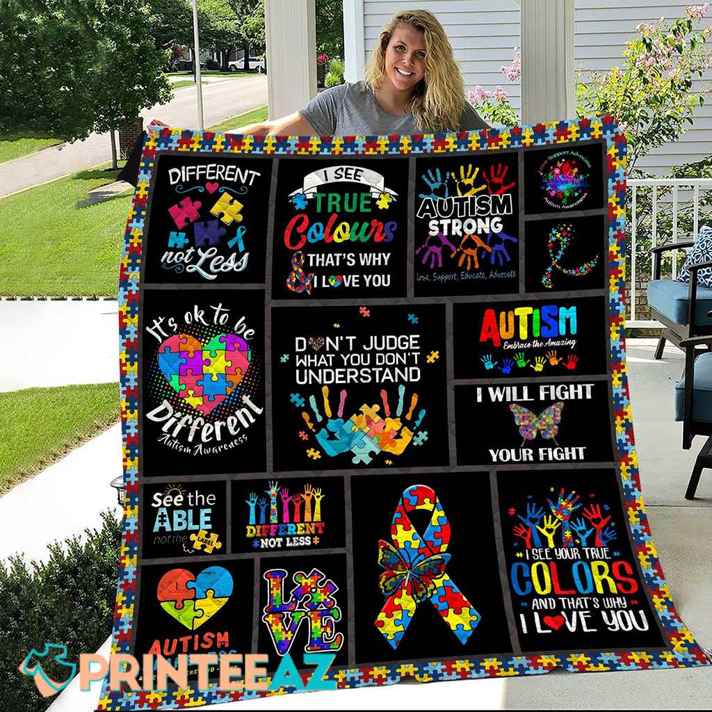 True Colours Autism Awareness Fleece Throw Quilt Blanket With Puzzles - PrinteeAZ