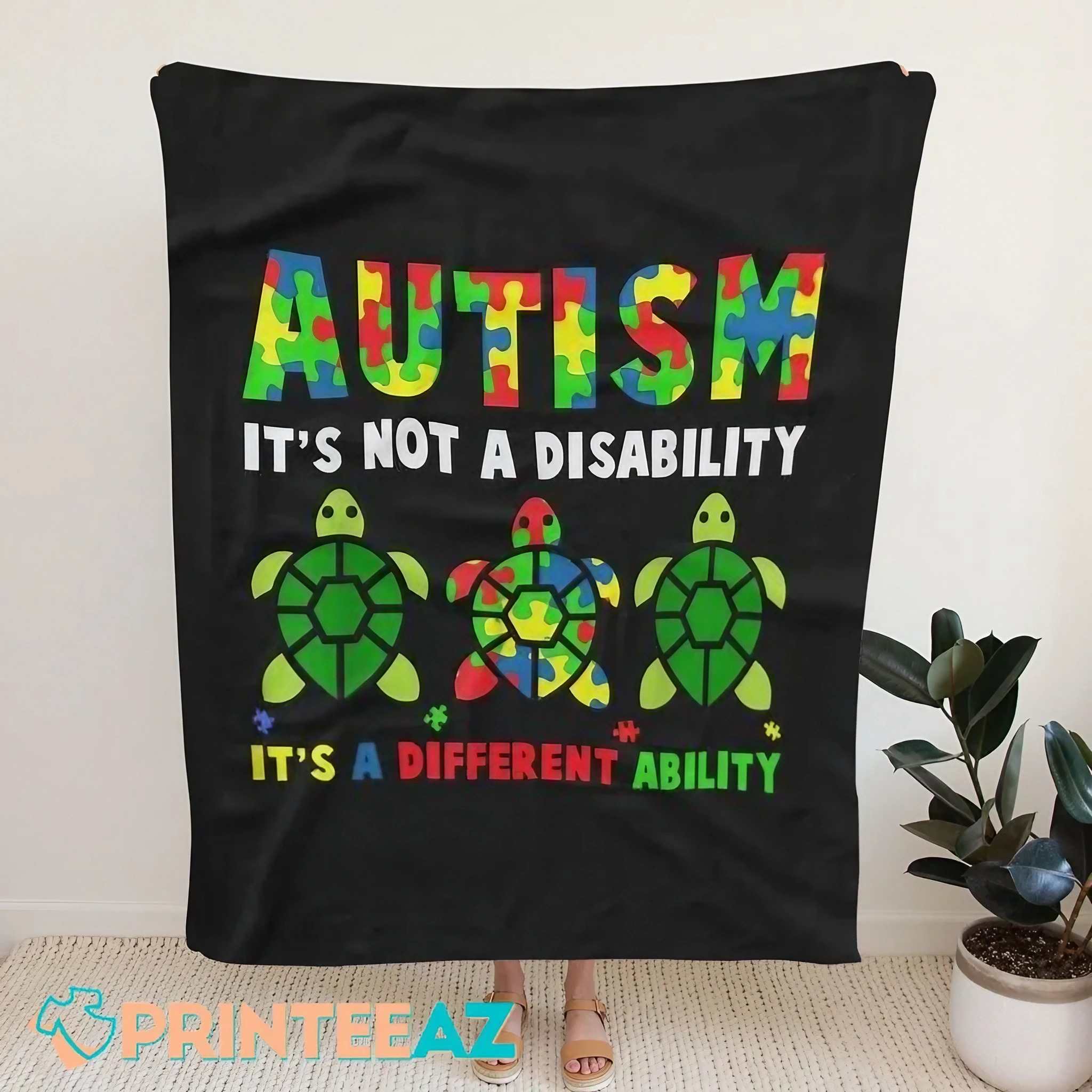 Turtles Its Not A Disability Autism Awareness Fleece Throw Quilt Blanket - PrinteeAZ