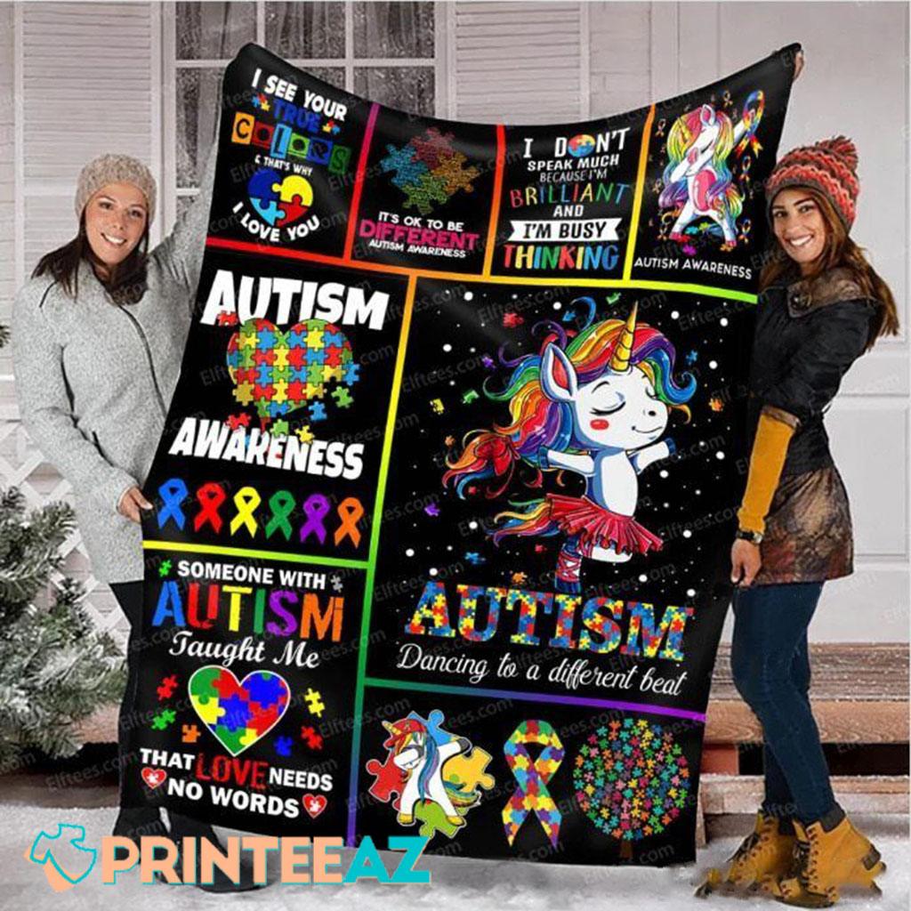 Unicorn Autism Awareness Fleece Throw Quilt Blanket With Hands - PrinteeAZ