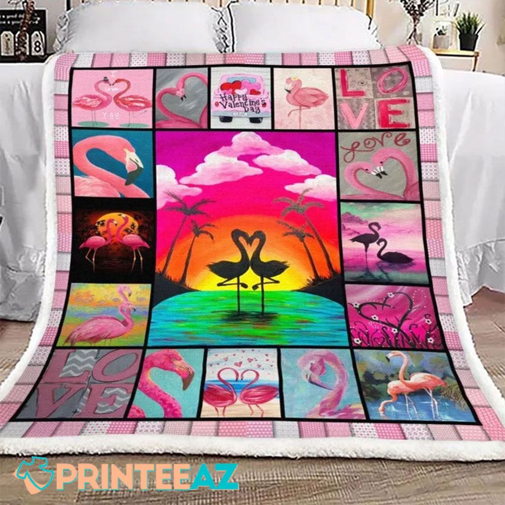 Valentine Love Heart Flamingo Fleece Throw Quilt Blanket Pink With Palm Tree - PrinteeAZ