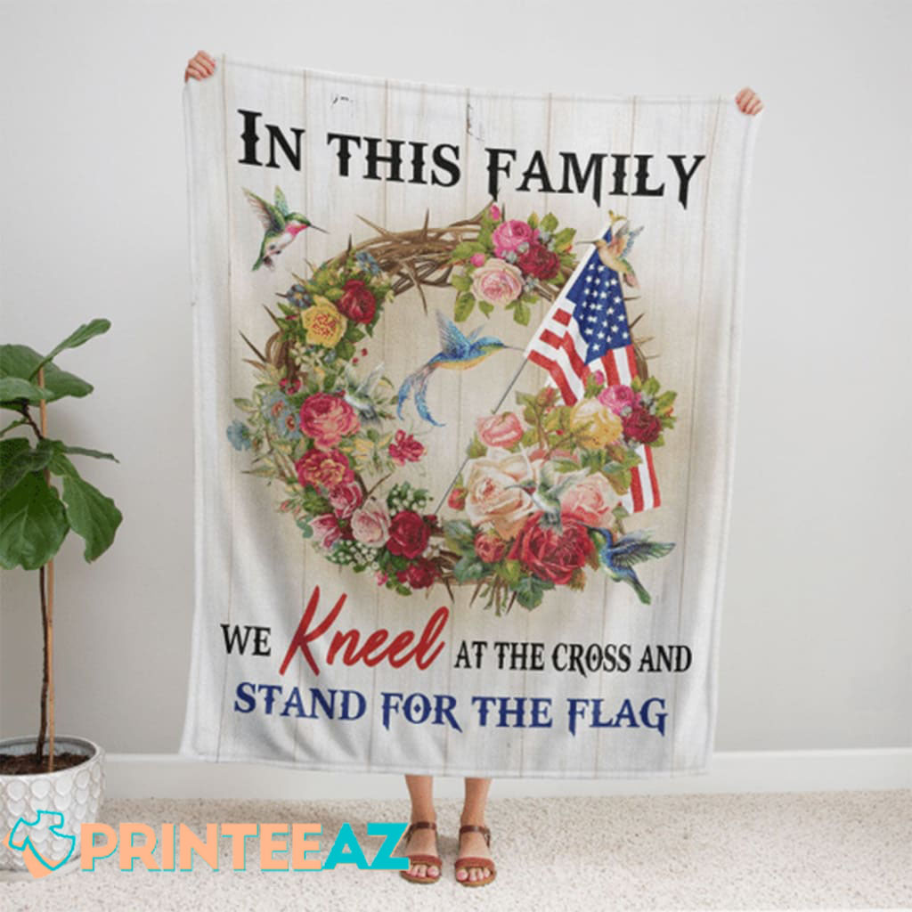 We Kneel At The Cross Fleece Throw Quilt Blanket With Flower Wreath, Bird And US Flag - PrinteeAZ