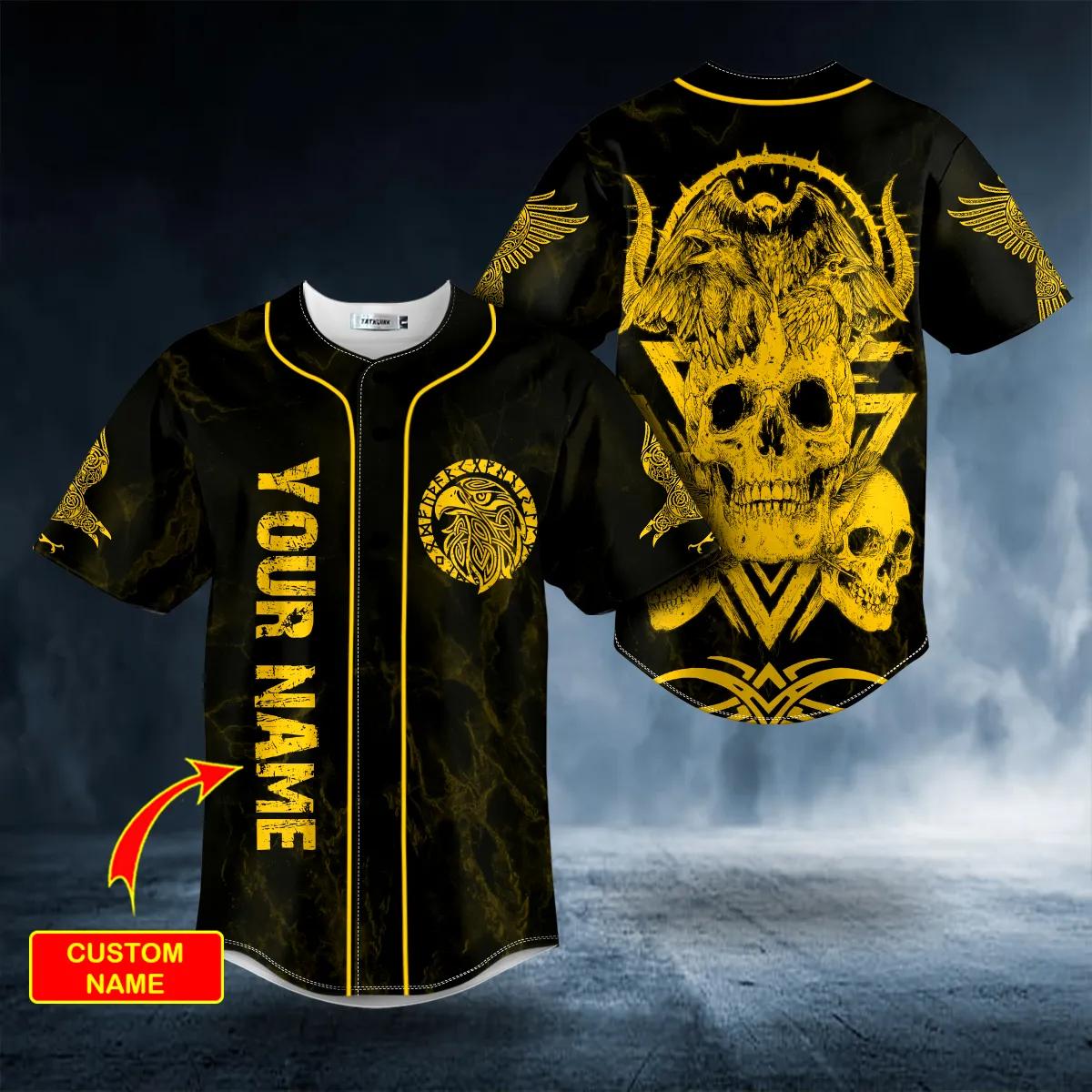 Yellow Raven Viking Skull Custom Baseball Jersey