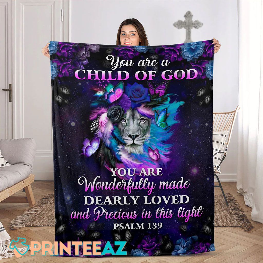 You Are A Child Of God Psalm 139 Bible Verse Fleece Throw Quilt Blanket With Purple Lion And Butterfly - PrinteeAZ