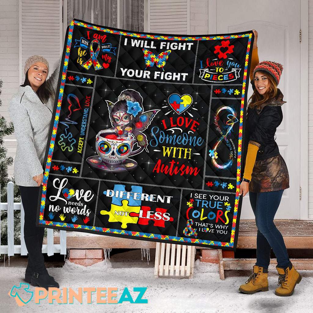 i love someone with autism quilt blanket skull - PrinteeAZ