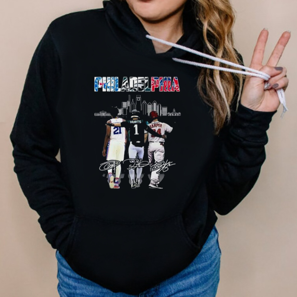 Philadelphia Sports Skyline Joel Embiid Jalen Hurts And Bryce Harper Signatures shirt 5 Hoodies