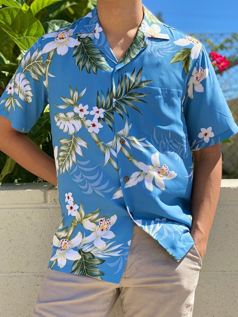 Rayon Bamboo Orchid Floral Hawaiian Aloha Blue Best Design Hawaiian Shirt