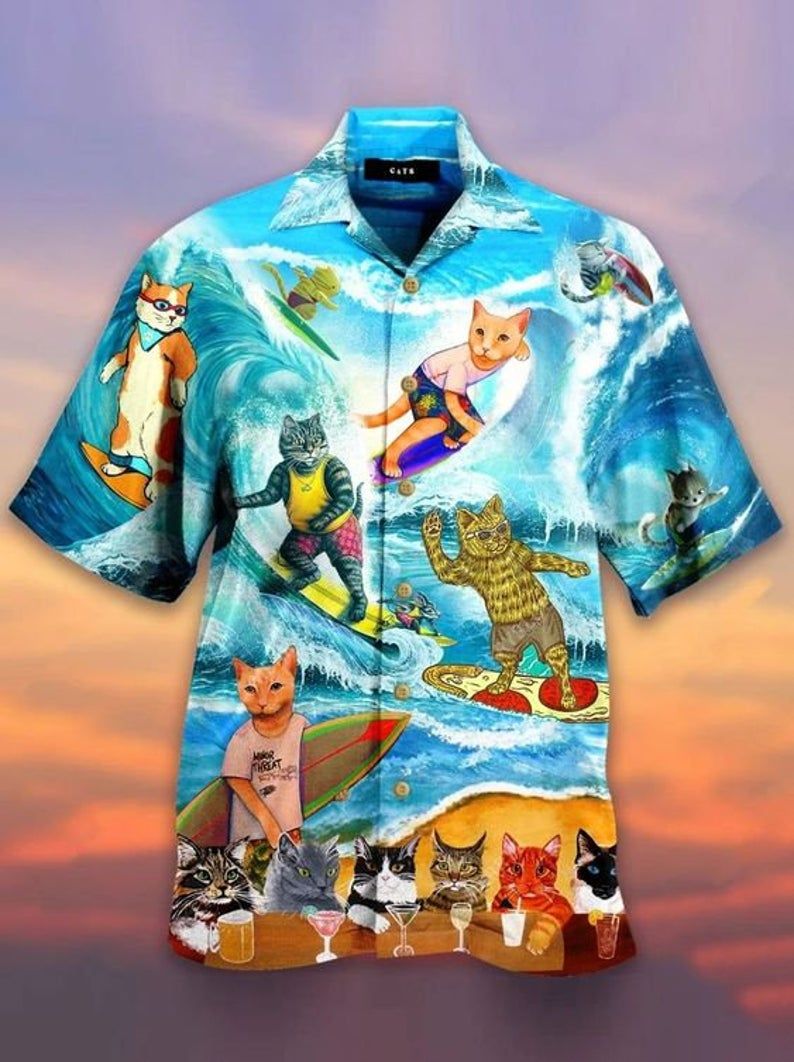 Cat Surfing Multicolor Best Design Hawaiian Shirt