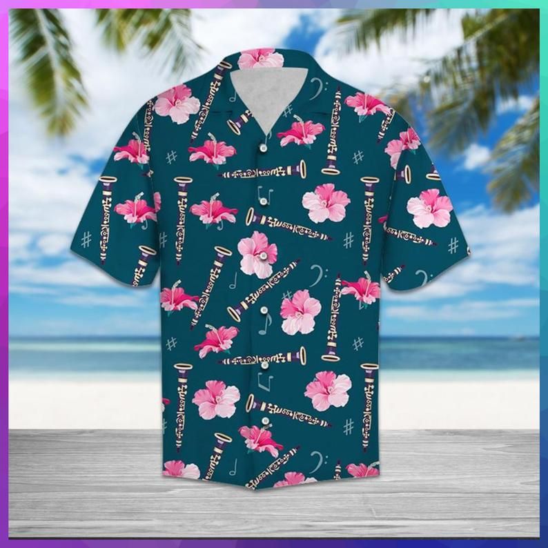 Flute Hibiscus Flower Blue Pink Nice Design Hawaiian Shirt
