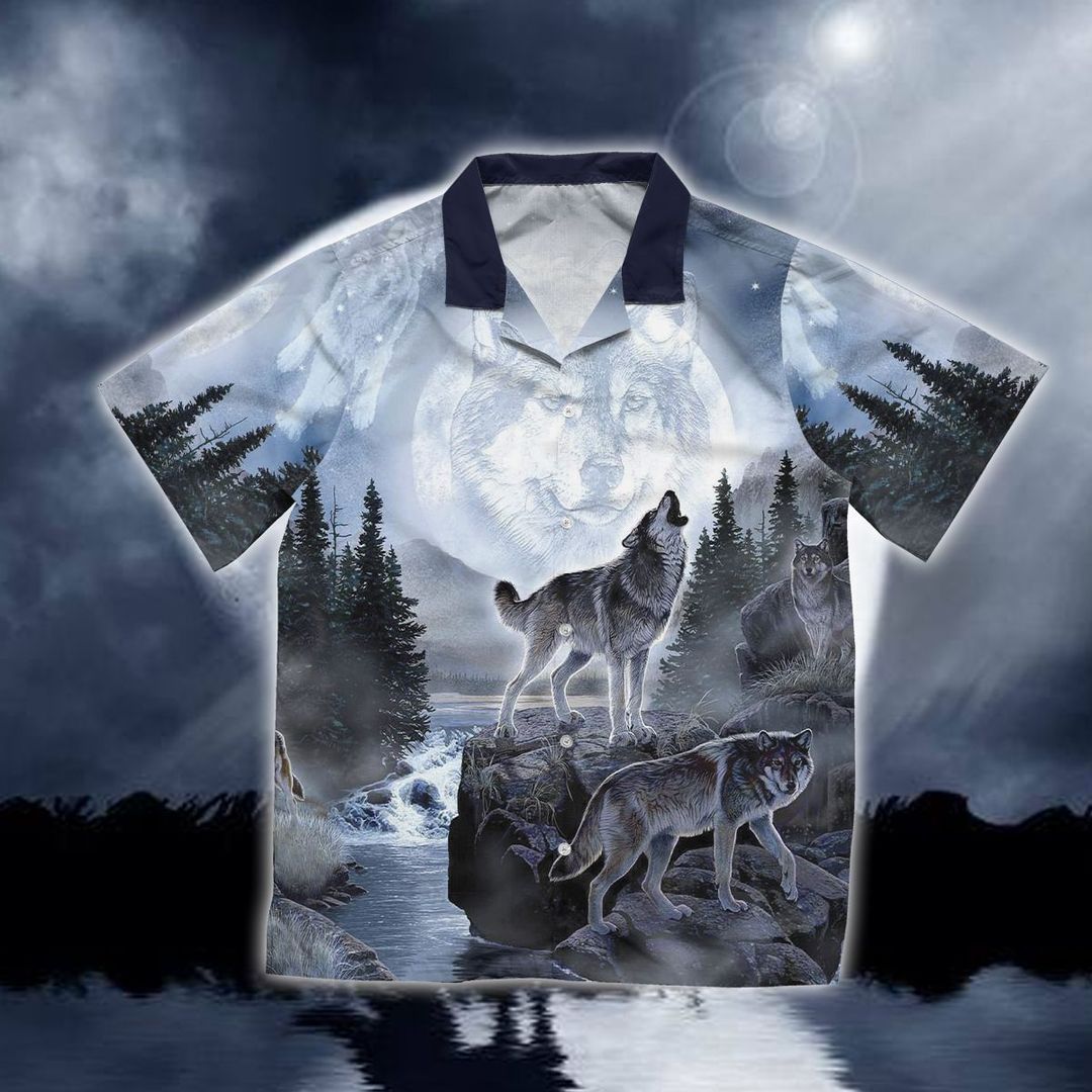 Midwood Night Wolf Gray Unique Design Hawaiian Shirt