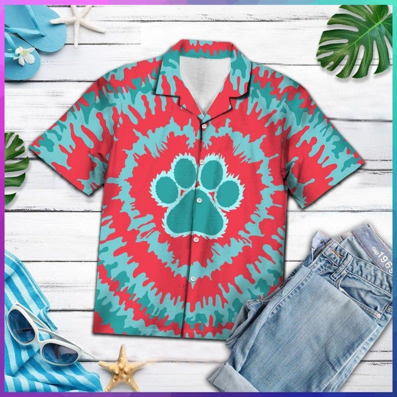 Paw Red Turquoise Amazing Design Hawaiian Shirt