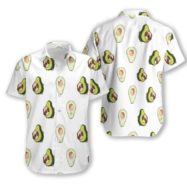 Pug And Avocado White Green Unique Design Hawaiian Shirt