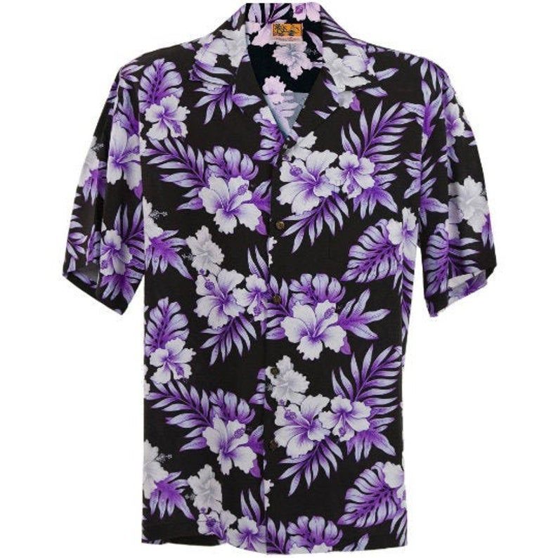 Rayon Bright Hibiscus Black Purple Unique Design Hawaiian Shirt
