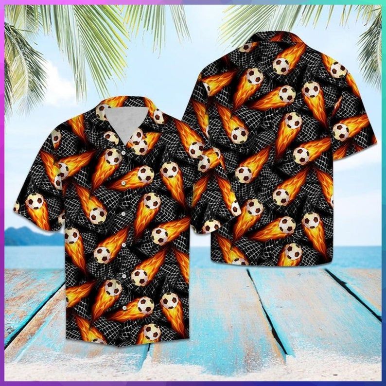 Soccer Fire Black Orange Unique Design Hawaiian Shirt