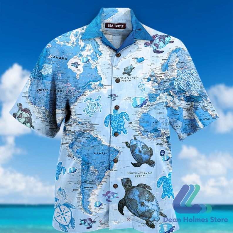 Turtle Blue Map Blue Unique Design Hawaiian Shirt