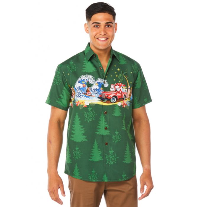 Wave Santa Green High Quality Hawaiian Shirt