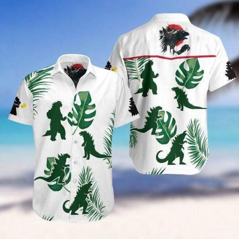 Godzilla King Tropical White Green Amazing Design Hawaiian Shirt