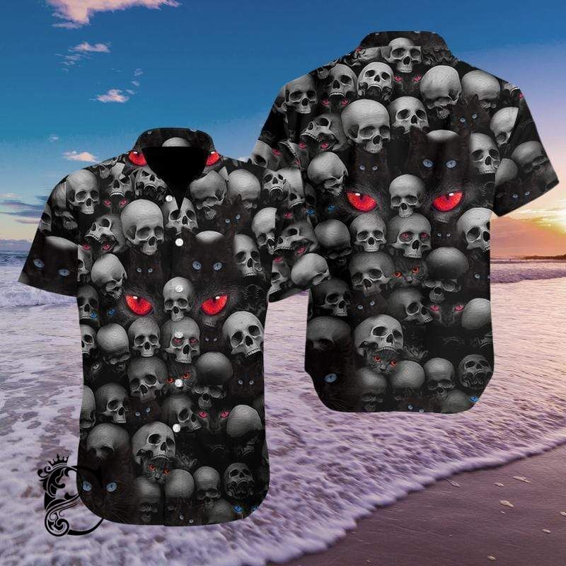 Hawaiian Aloha Shirts Red Eyes Cat And Skull 2 Hawaiian Aloha Shirts Red Eyes Cat And Skull
