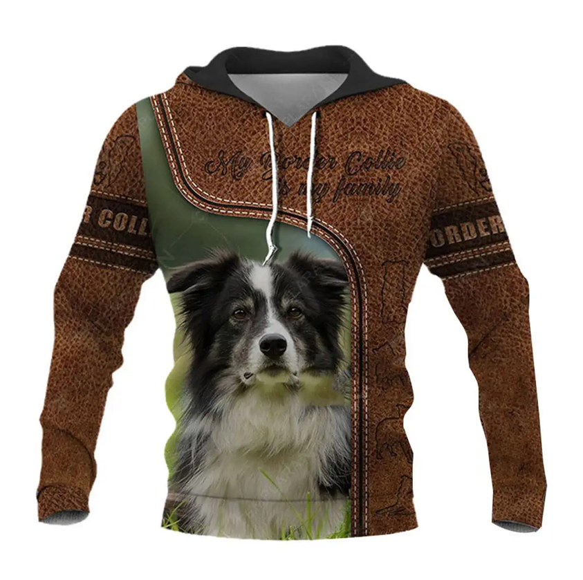 3D Pattern Dog Hoodie Border Collie Brown Leather Print Sweatshirt Top Fashion Sweatshirt