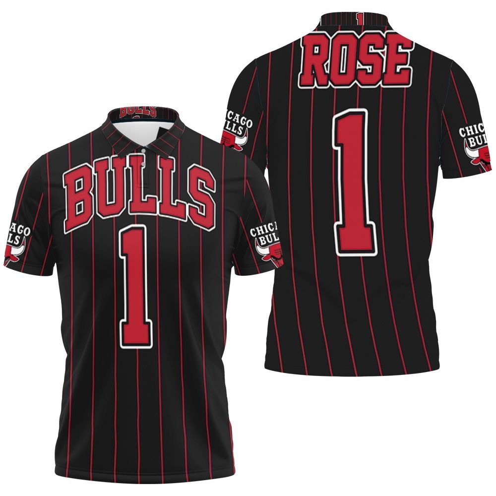 Chicago Bulls Derrick Rose 1 Nba Throwback Red Stripes Black Jersey Inspired 3D All Over Print Polo Shirt