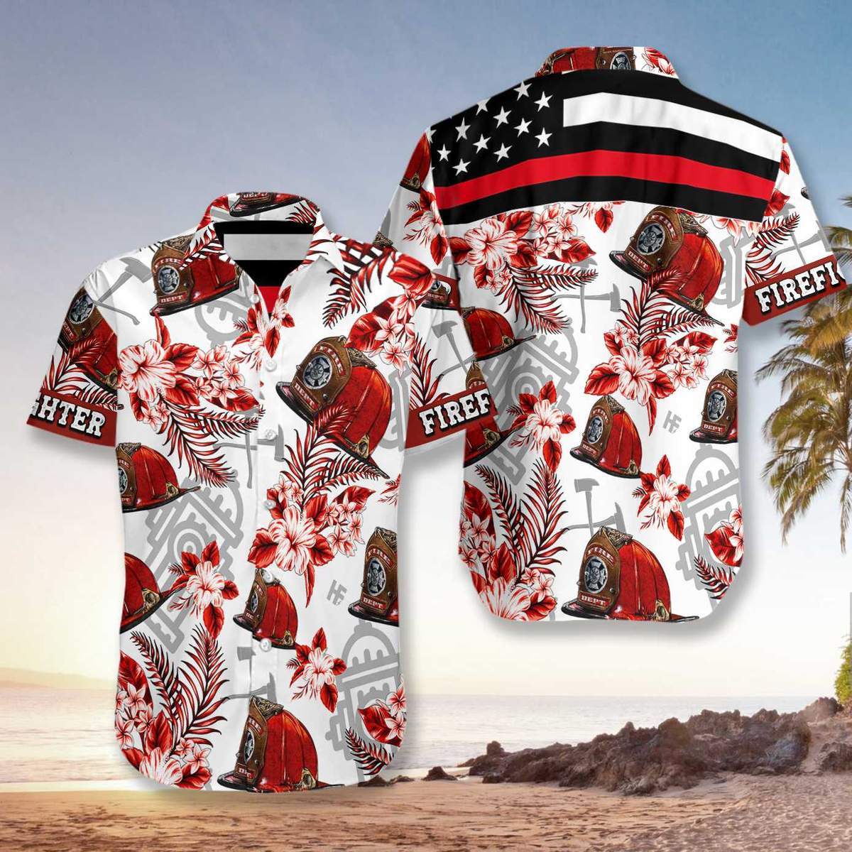 Firefighter Red Hat Red Line Unisex Hawaiian Shirt