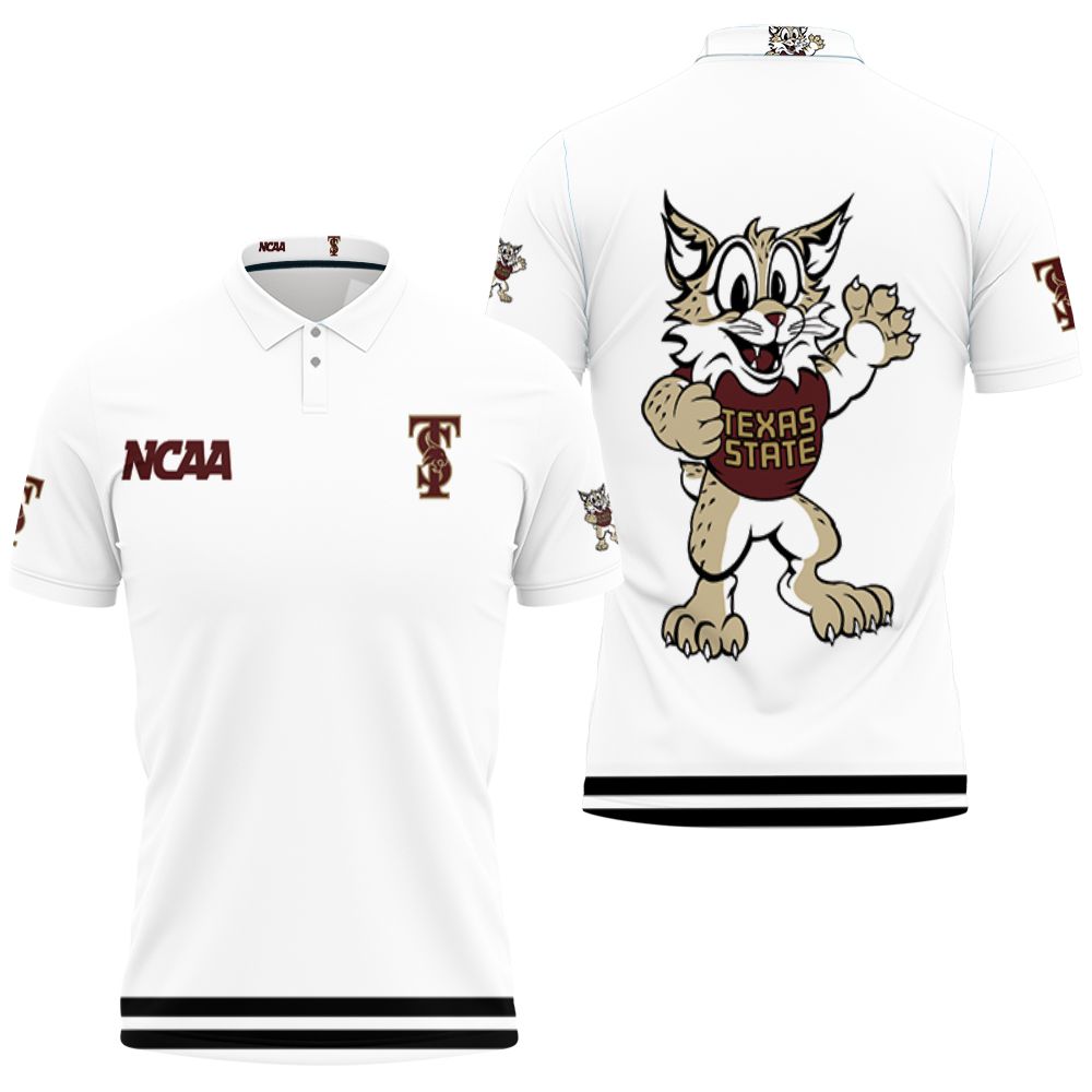 Texas State Bobcats Ncaa Classic White With Mascot Logo 3D All Over Print Polo Shirt