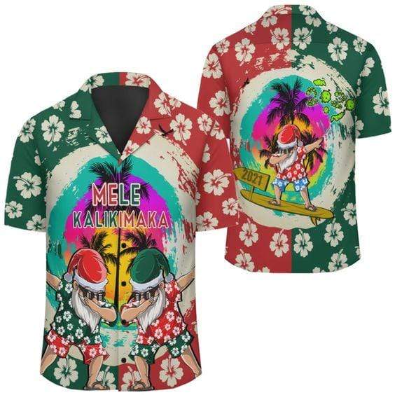 Mele Kalikimaka Dabbing Santa Surfing Hawaiian Shirts