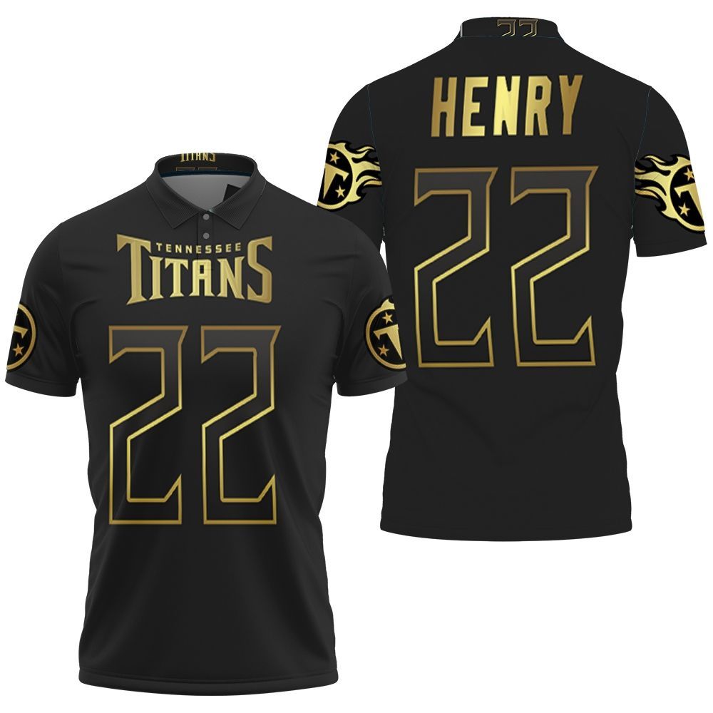 Tennessee Titans 22 Derrick Henry Black Golden Edition Jersey Inspired Style 3D All Over Print Polo Shirt
