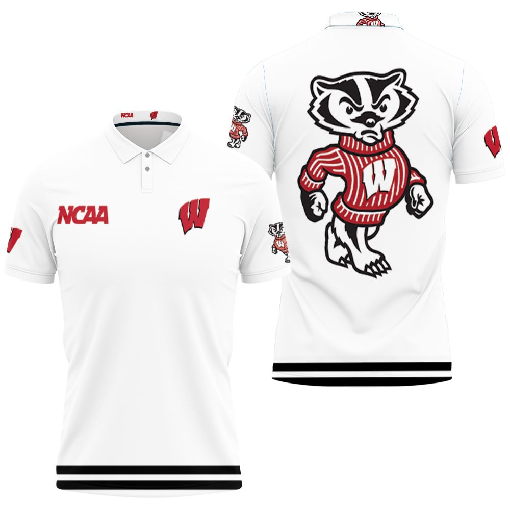 Wisconsin Badgers Ncaa Classic White With Mascot Logo 3D All Over Print Polo Shirt