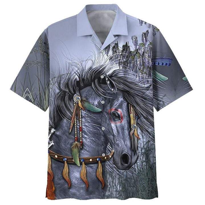 Beautiful Native American Horse Grey Hawaiian Shirt