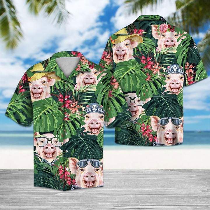 Tropical Flower And Cute Pig Hawaiian Shirt