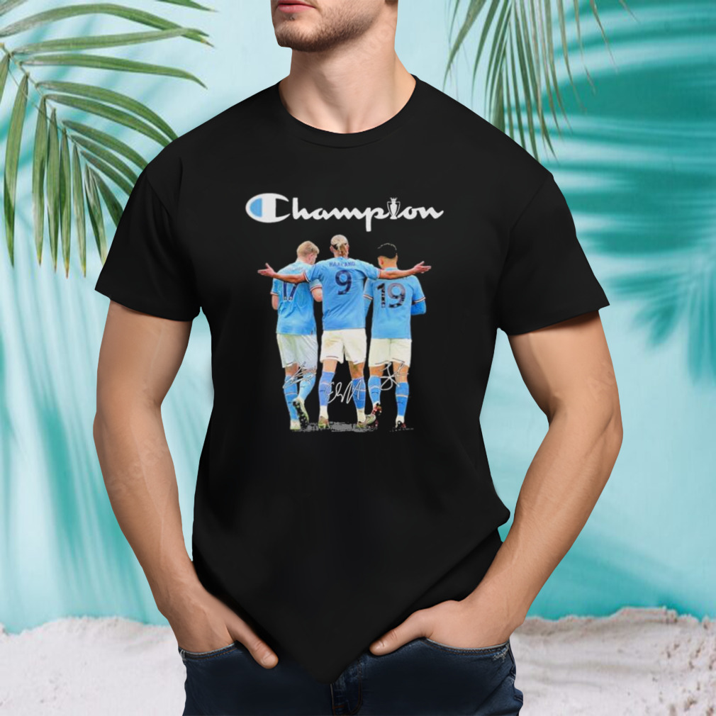 Champion Kevin Bruyne, Erling Haaland And Julian Alvarez Manchester City Fc 2023 Signatures Shirt Champion Kevin Bruyne, Erling Haaland And Julian Alvarez Manchester City Fc 2023 Signatures Shirt
