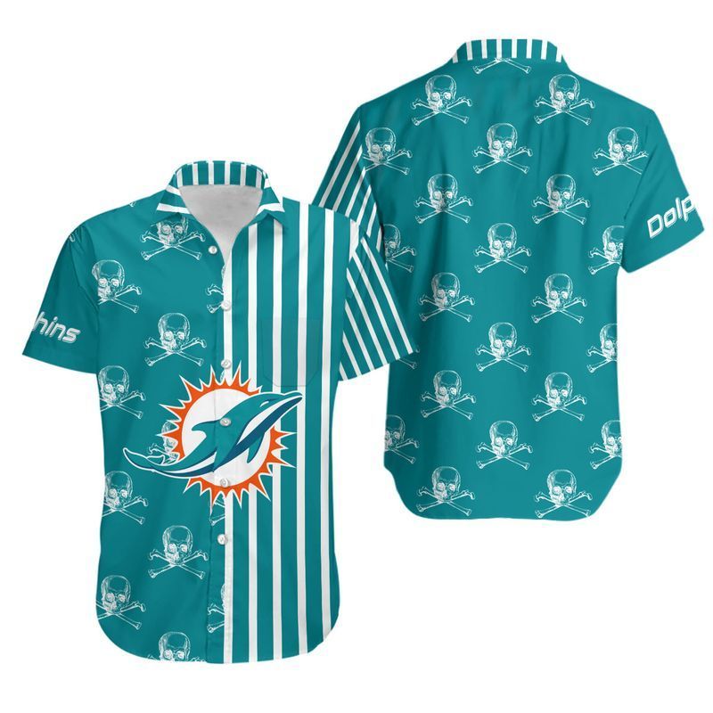 Miami Dolphins Stripes And Skull Hawaiian Shirt For Fans-1