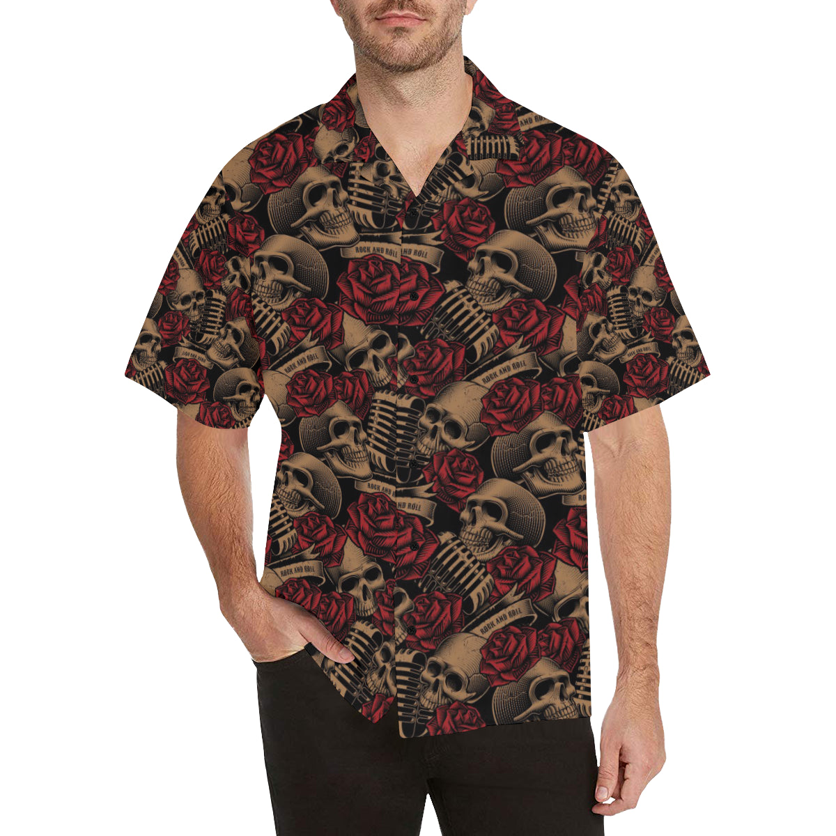 Microphone Skull Rose Pattern Print Design 02 Hawaiian Shirt