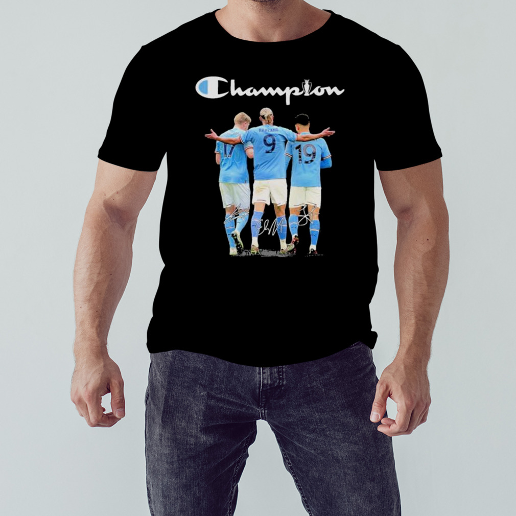 Champion Kevin Bruyne, Erling Haaland And Julian Alvarez Manchester City Fc 2023 Signatures Shirt