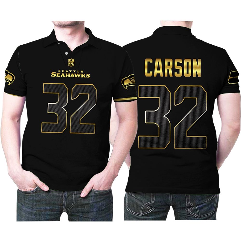 Seattle Seahawks Chris Carson #32 Nfl American Football Team Black Golden Edition Polo Shirt