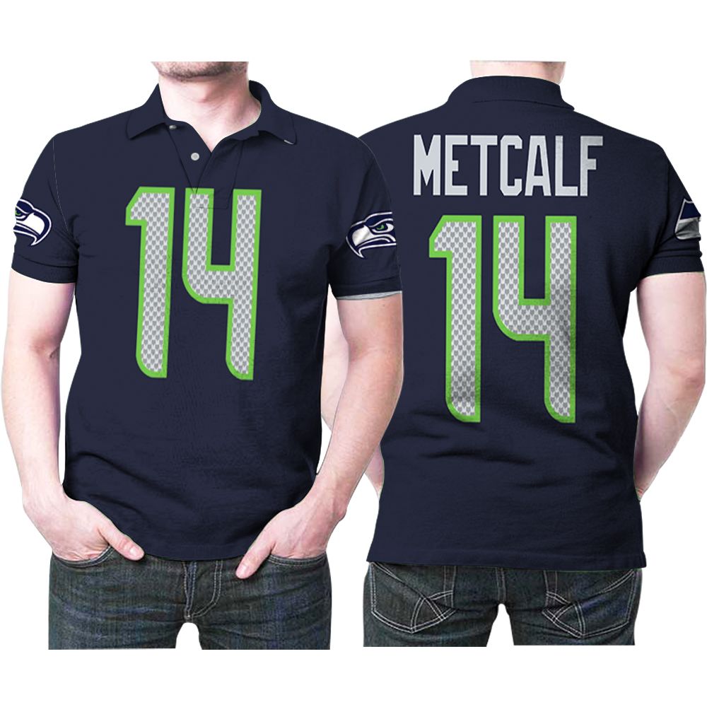 Seattle Seahawks Dk Metcalf 14 Great Player Nfl Football Team Jersey Navy 100th Season Jersey Style Polo Shirt